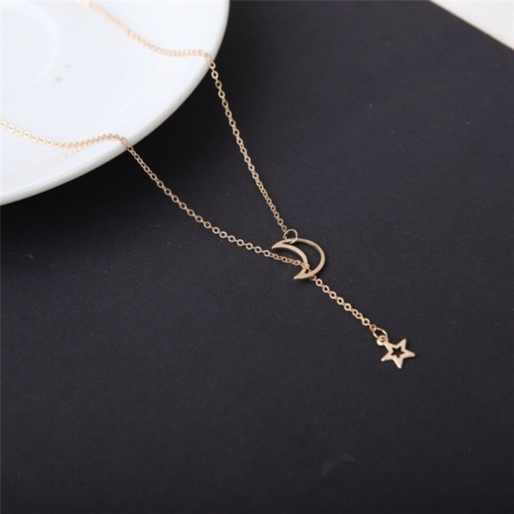 Gold Color Star and Moon Asymmetrical Necklace - Picture 2 of 2